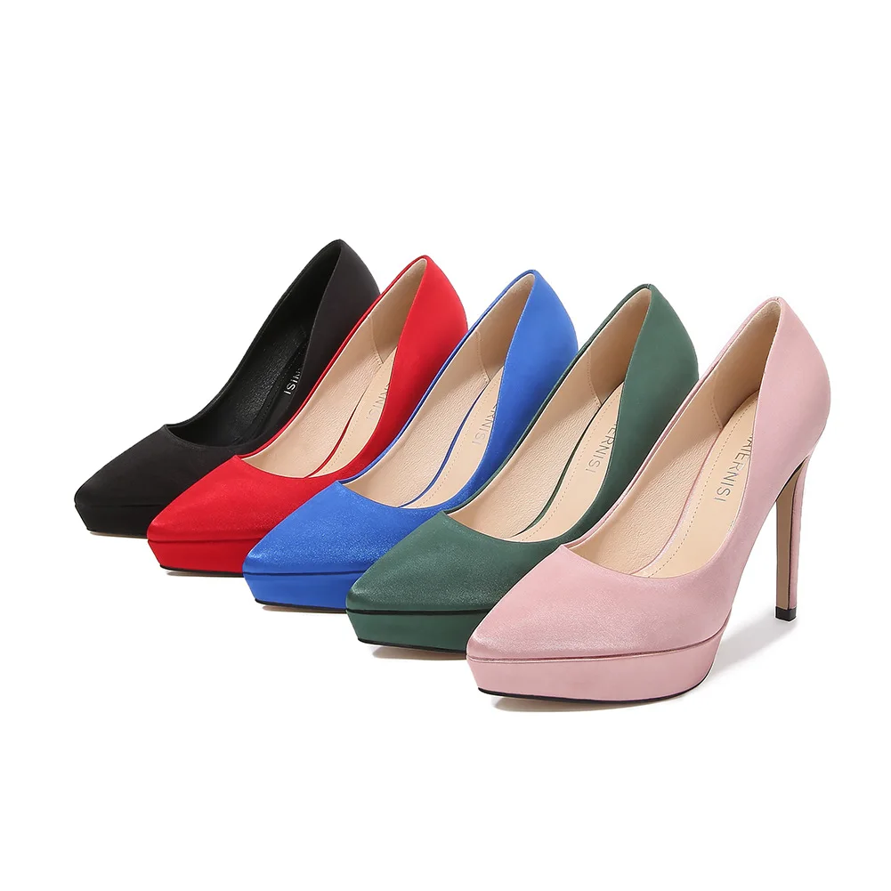 

12cm New Fashion Waterproof Platform Satin Pumps Sexy High Heels Red Color Party Women Shoes 44 45 46