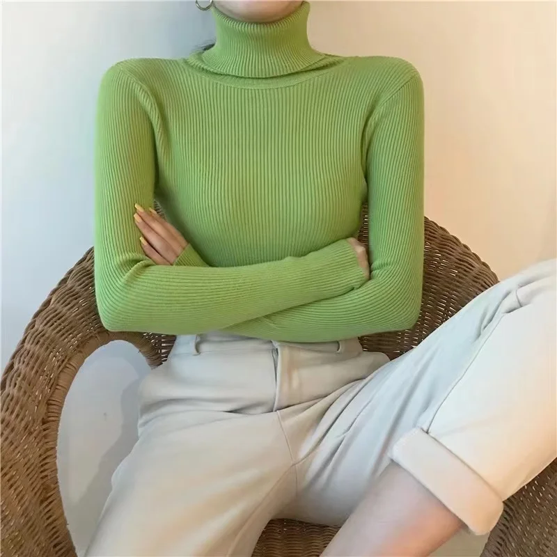 Autumn Winter High Neck All-match Thick Knitted Ribbed Sweater Women Slim Fit Soft Long Sleeve Casual Basic Pullover Top Jumper