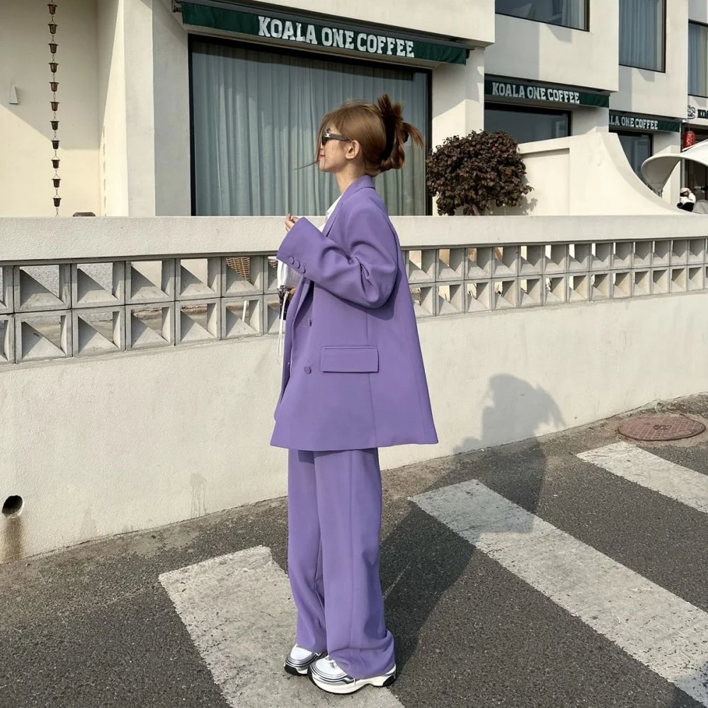 Spring Korean Style Pants Sets Loose Purple Duble Breasted Women Blazer & Long Wide Leg Trousers 2 Piece conjuntos de pantalón