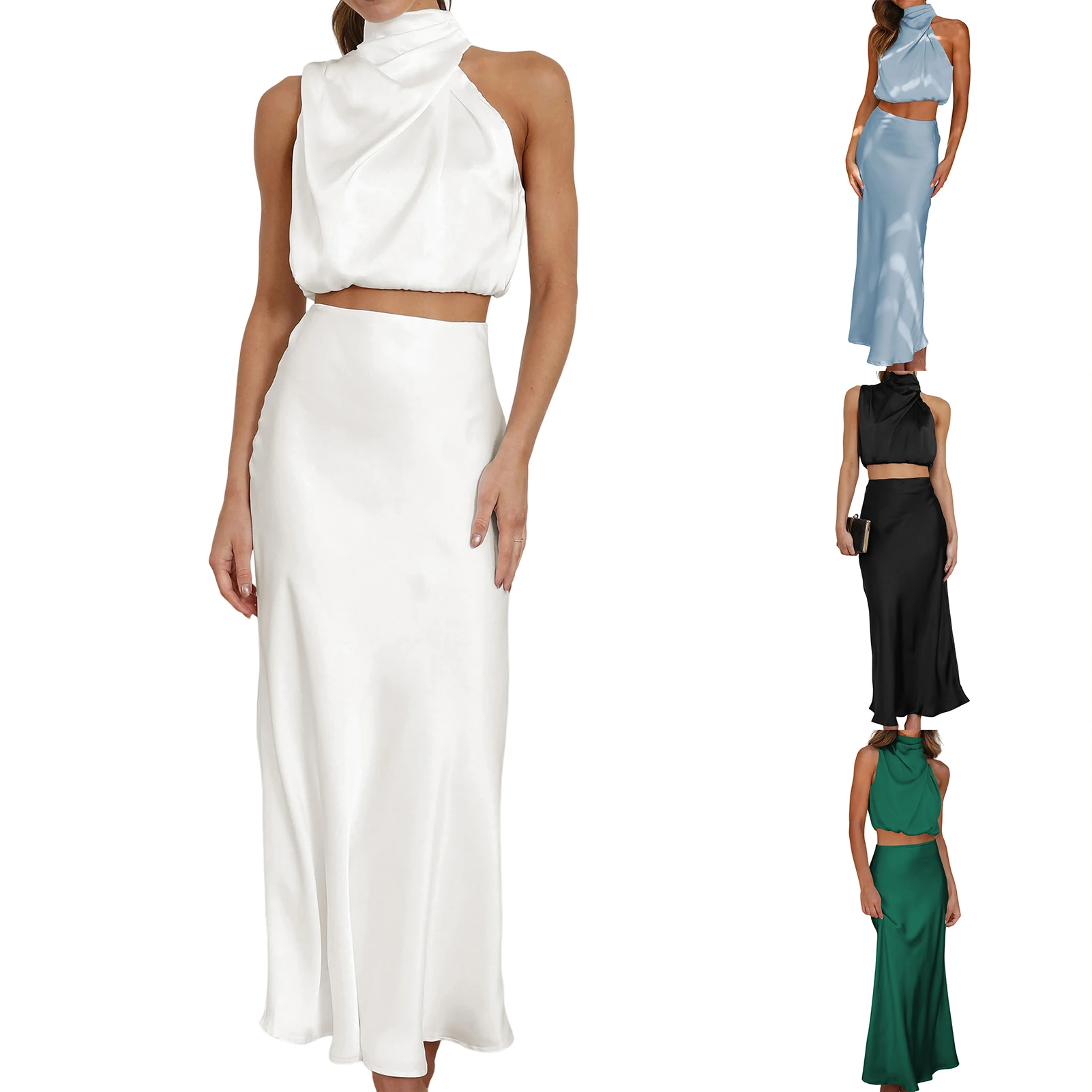 

Summer Sexy Party Women's Skirts Set Turtleneck Sleeveless Top+Elastic Waist Long Skirt 2 Pieces Suit Solid Colour Outfits