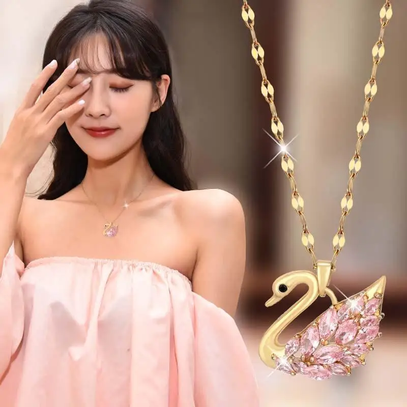

Fashion light luxury pink zircon inlaid swan short necklace wild collarbone chain gift jewelry