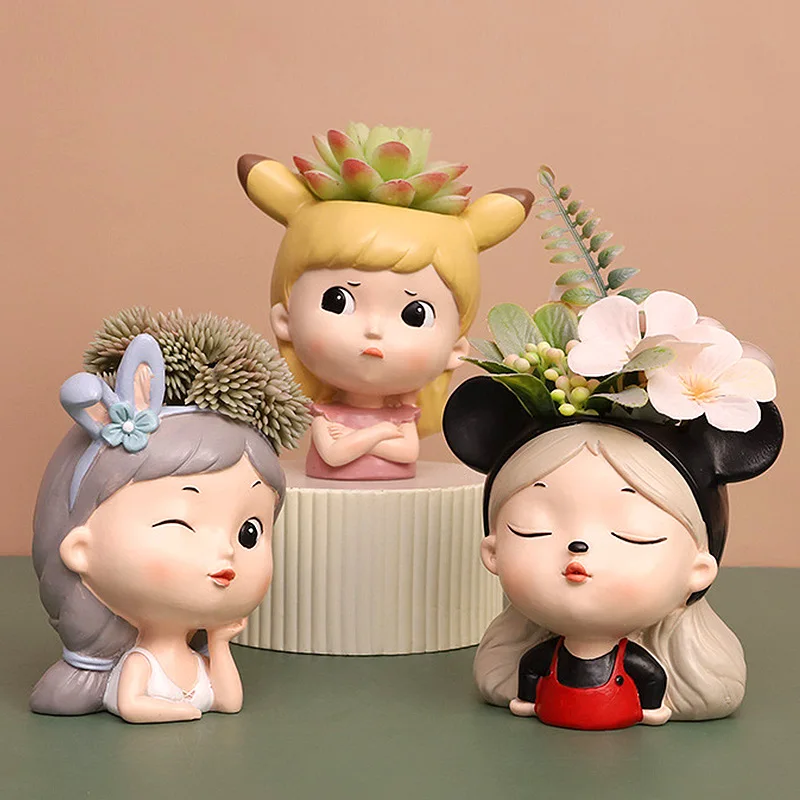 

Cute Girl Style Resin Home Desktop Decoration Mini Pot Succulent Plant Green Plant Landscape Potted Home Decoration 1PC Potting