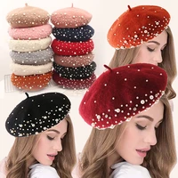 vintage pearl beret hat for women cashmere winter retro french winter black red french artist flat fashion red yellow lady cap