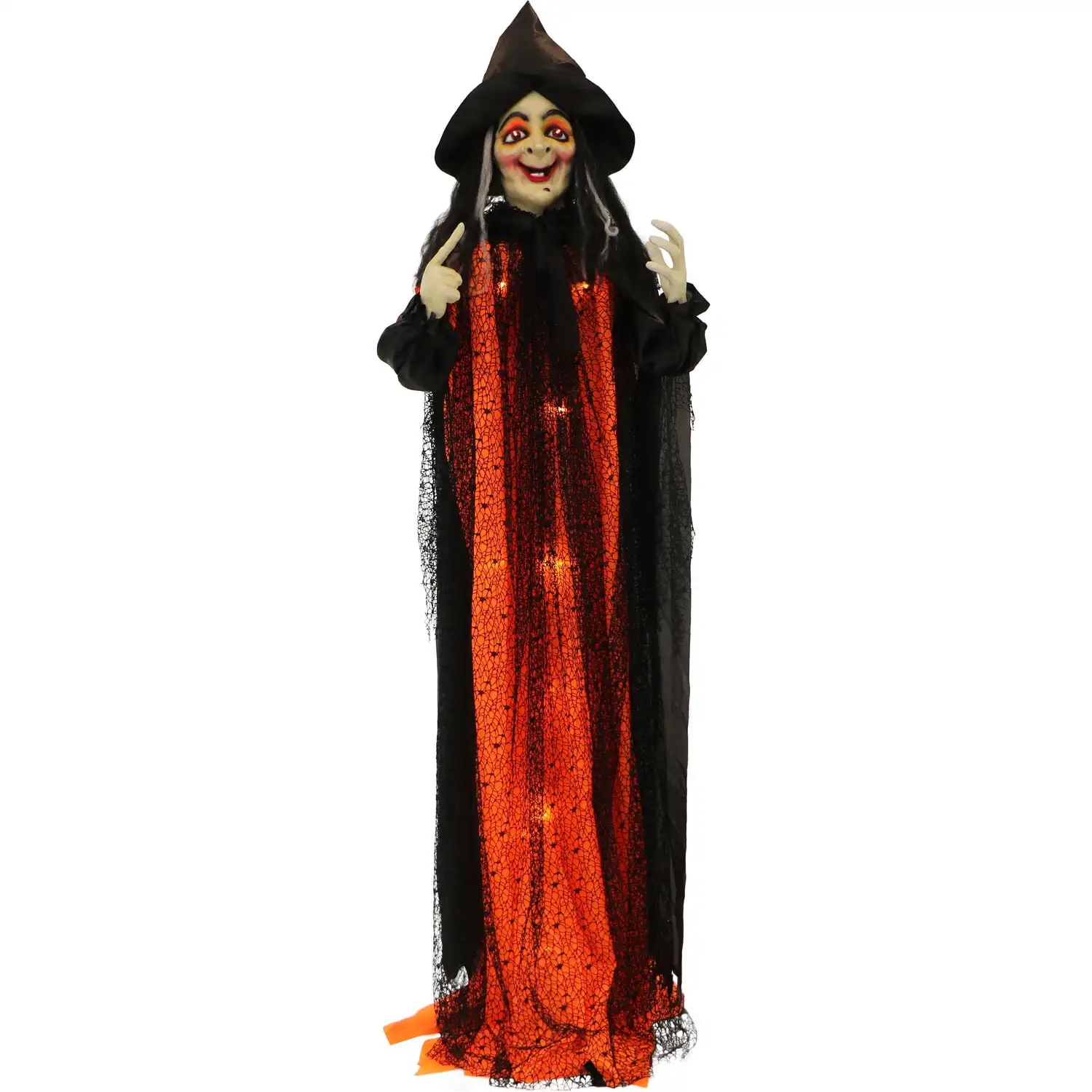 

Haunted Hill Farm 5.42-ft. Standing Witch, Indoor/Covered Outdoor Halloween Decoration, LED Red Eyes, Poseable, Scarlet