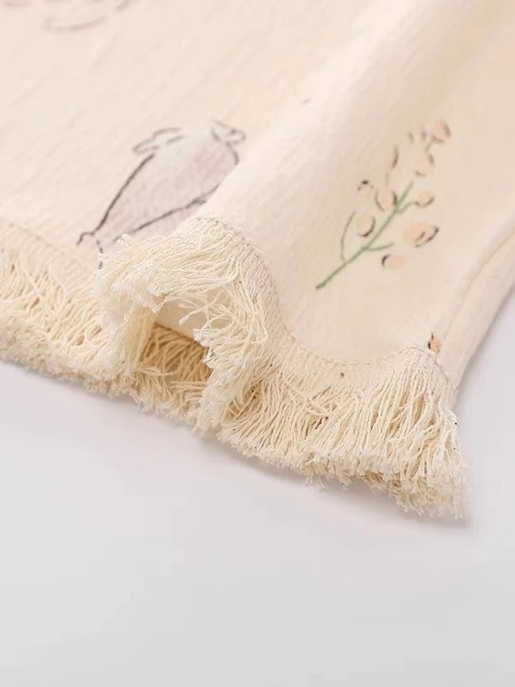 QWEEK Gauze Pajamas Kawaii Rabbit Print Trouser Suits Korean Style Room Wear Breathable Soft Sleepwear Home and Sleep Clothes