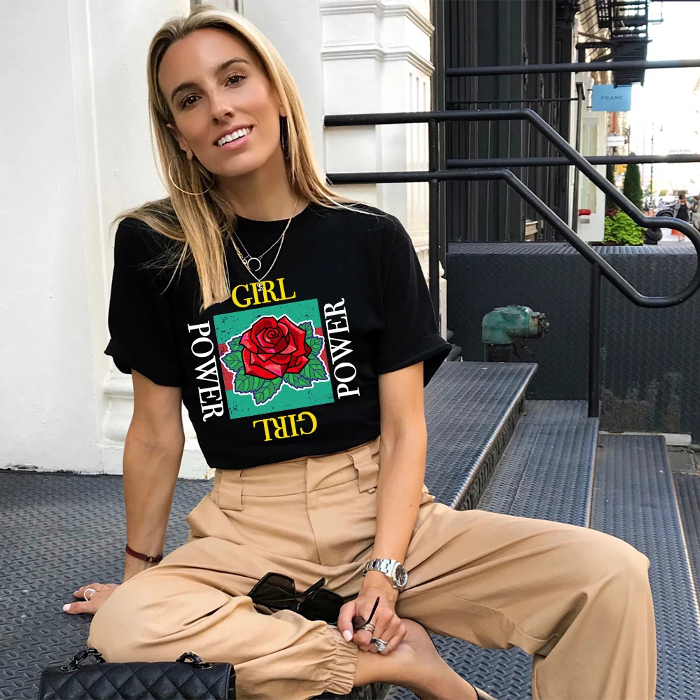 

Летняя женская хлопковая Футболка с графическим принтом розы, базовая футболка для девушек, женская футболка с рисунком, уличная одежда в стиле Харадзюку, футболка, топ