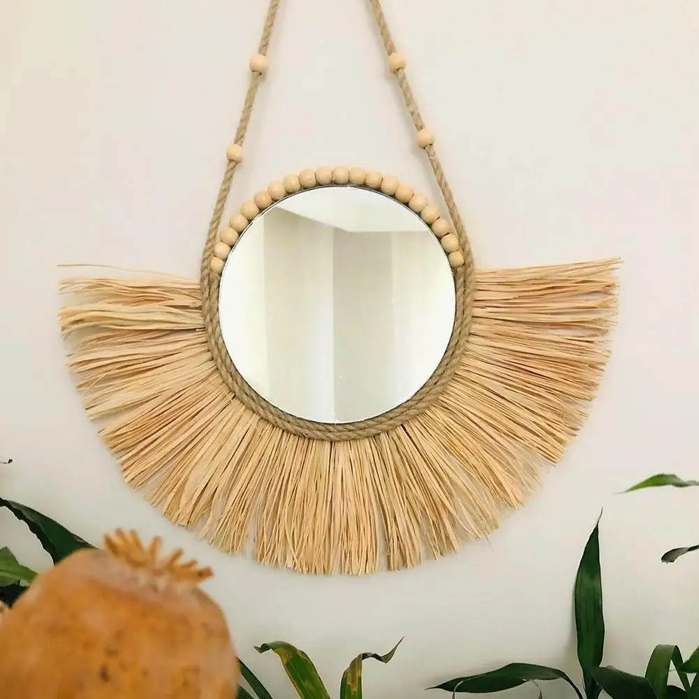 

Nordic Style Ins Wood Bead Straw Woven Mirror Hanging Ornament Wall Decor Rattan Craft For Hotel Office Home Interior Decor O7l0