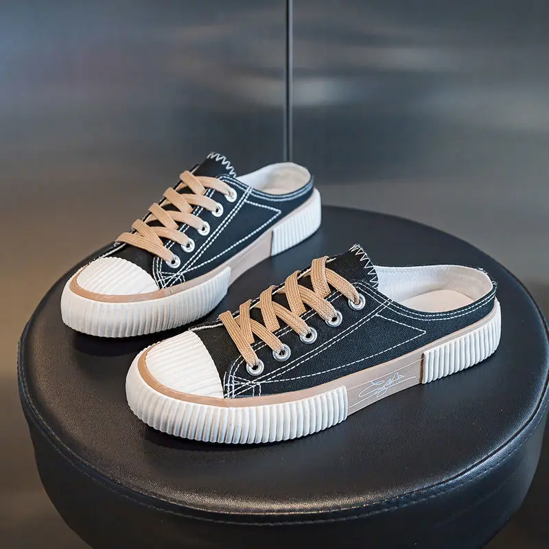 Women's Biscuit Canvas Shoes Student Korean Summer New Canvas Half Slippers Ulzzang All-match Sneakers Breathable Half Slippers