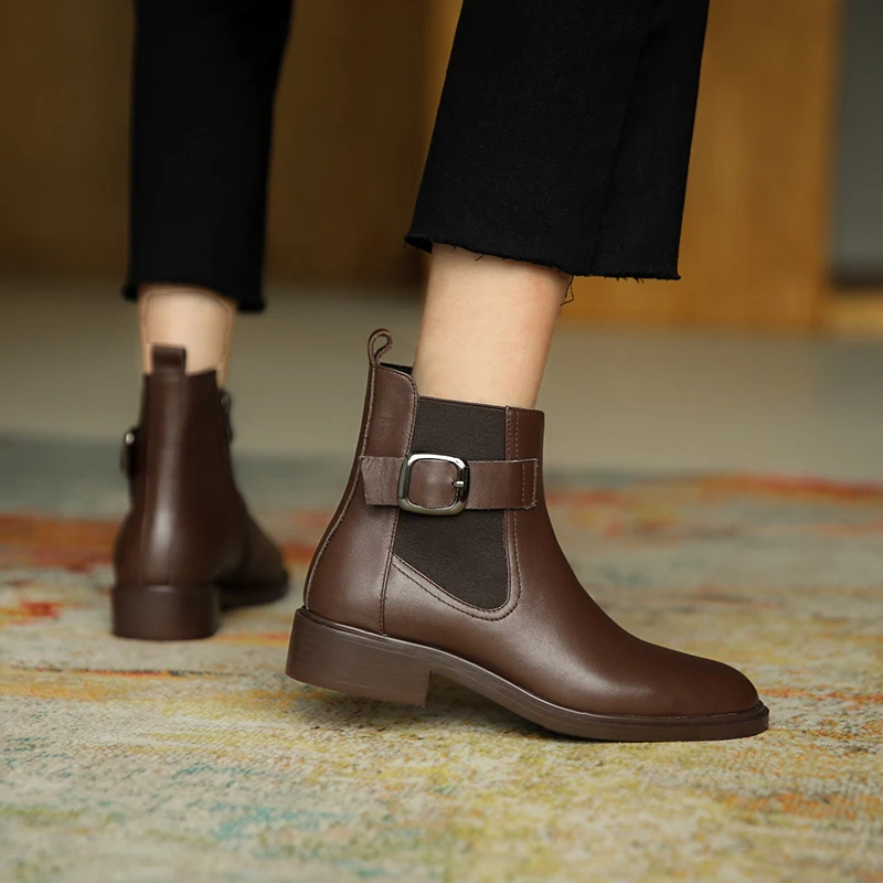 MythLuo Pumps Ankle Boots For Women Chunky Heels Short Boots Cow Leather Round Toe Side ZIP Office Ladies Casual Shoes Retro