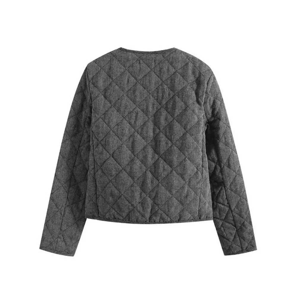 Женская стеганая тонкая хлопковая куртка с круглым вырезом и ромбовидной сеткой