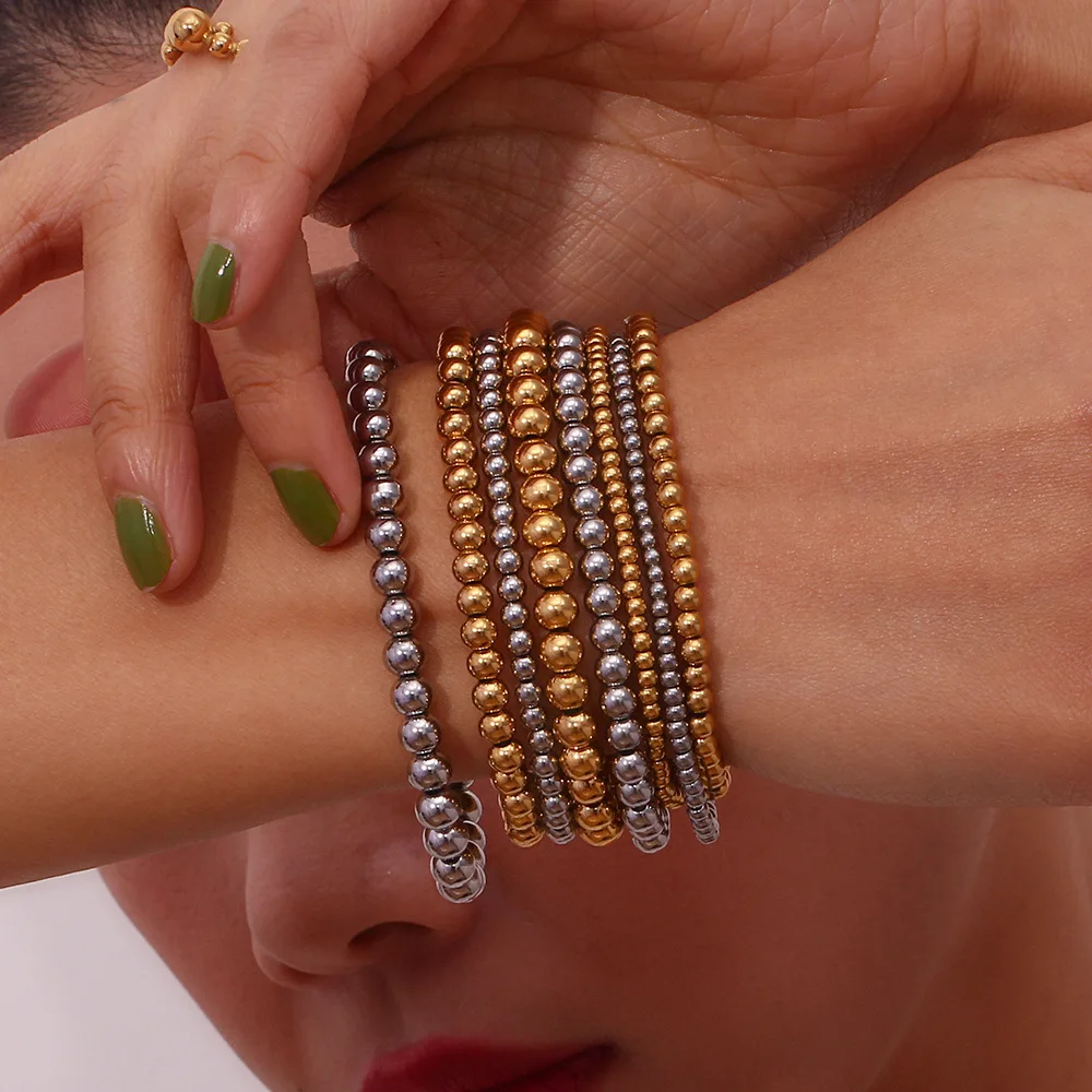 

Stainless Steel 18K Gold Plated Elastic Bead Bracelet Women Fashion Jewelry Accessories Daily Wear