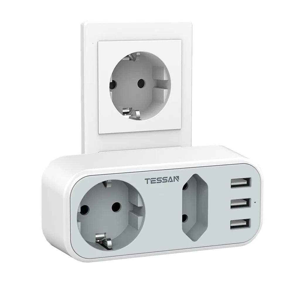 

TESSAN EU Plug Extension Power Strip with 1 Schuko Socket, 1 Euro Socket and 3 USB Ports, Portable Wall Charger Adapter for Home
