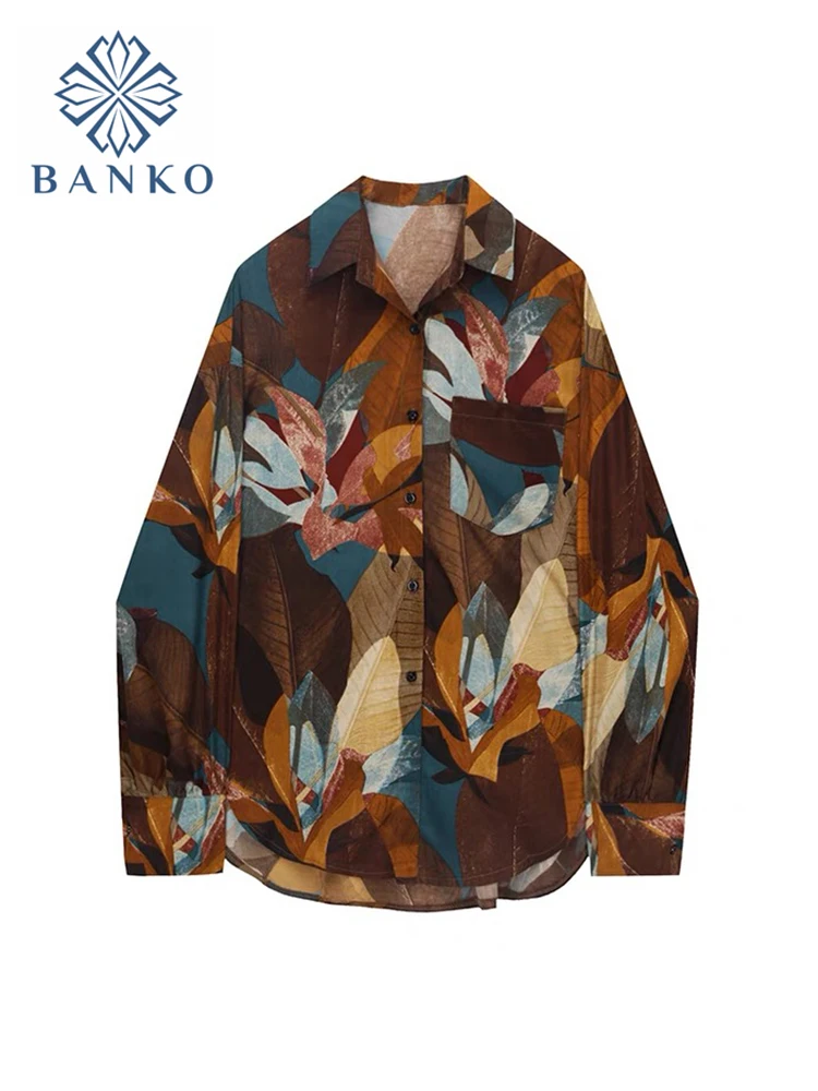 Woman Printed Shirt Patchwork Color Contrast Polo Shirt Spring Vintage Streetwear Loog Sleeves Button Loose Harajuku Blouse Lady