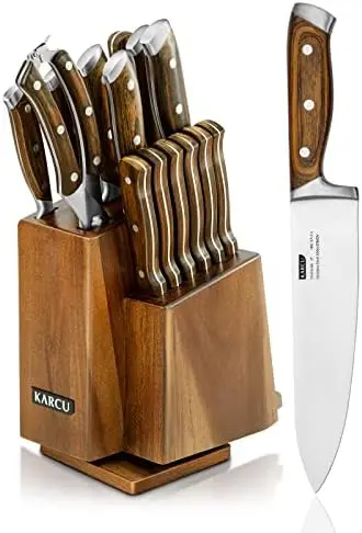

Set, Knife Sets for Kitchen with Block, 15-Piece German High Carbon Stainless Steel Knife Set with Sharpener, Rotating Acacia B