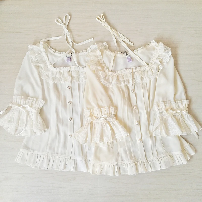 

Japan Sweet Lolita Blouses Women Victorian Vintage Elegant Chiffon Shirts Female Ruffled Short Sleeve Criss Cross Lolita Blouse