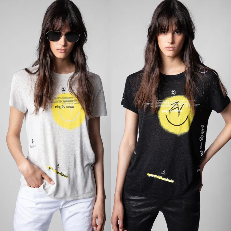 

2022 Summer High Quality Smiley Letter Printed Linen Black and White Round Neck Short Sleeve T-Shirt Women's Trend X112