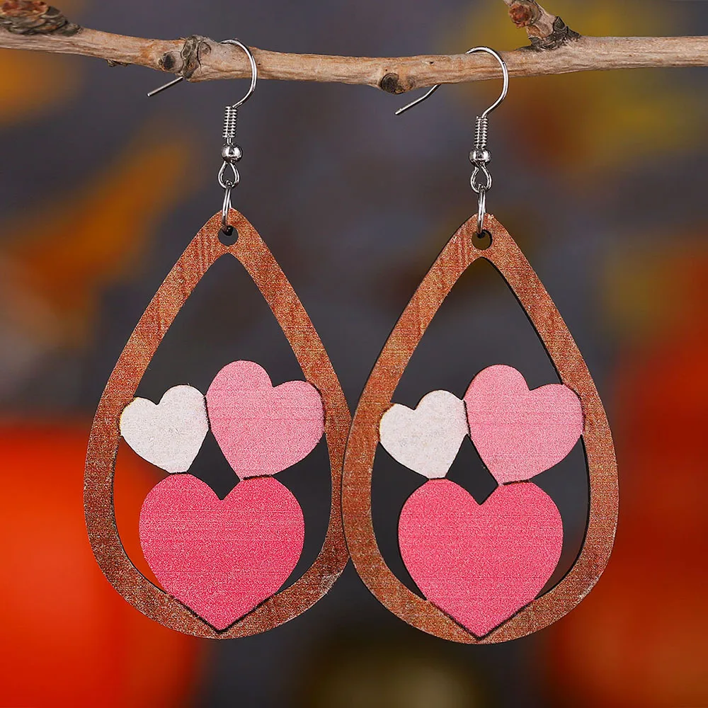 

New Wooden Heart Waterdrop Earrings For Women New Tassel Leopard Letter Bohemian Wheat Double Sided Printing Jewelry Gift