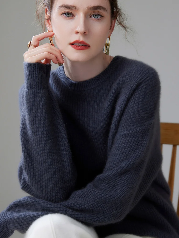 Утолщенный кашемировый свитер с заниженными плечами и круглым вырезом 100% чистый