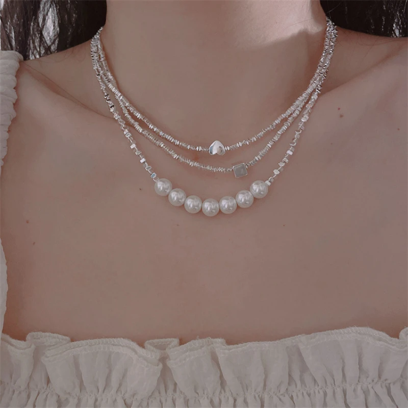 

Irregular Silver Square Love Necklace Collar Chain Pearl Necklace Women's Fashion Jewelry Gift
