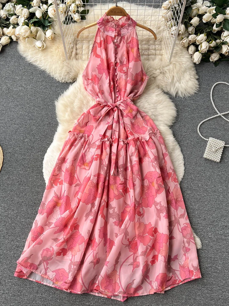

Summer Women Halter Printed Long Dress Bohemian Vacation Beach Maxi Vestidos Elegant Ruffle High Waist Single Breasted Robe New