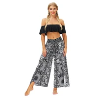 ethnic style casual sport wide leg pants summer women digital printing thin high waist loose pants gym all match split trousers