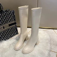 2022 ladies knee high boots feminine back zipper biker boots white boots thick sole winter black boots womens mid heel shoes