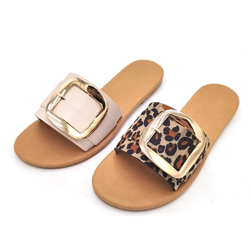 

Woman's Shoes Women Metal Decoration Slippers 2022 Summer Outdoor Flat Beach Fashion Square Toe Female Slides Laides Slippers