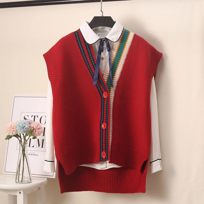 

Red Cardigan Loose coat New Women Cloth Fashion Korean lady Girls Waistcoat Autumn Sleeveless Sweater Vest Women Knitted Top