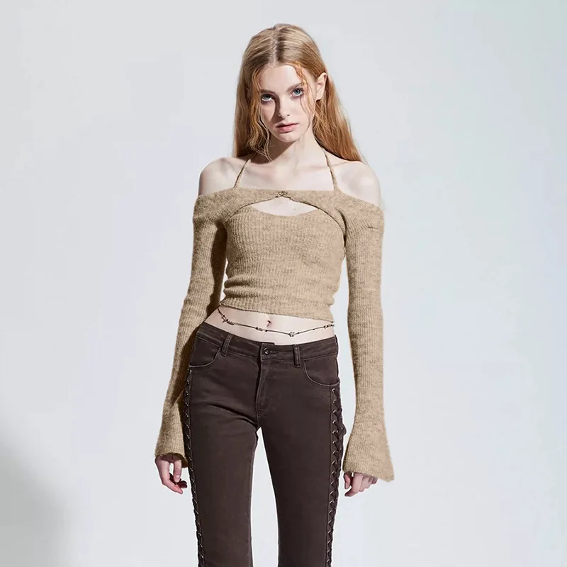 

2022 европейский и американский стиль, модная новинка, Женская Однотонная футболка с подвесным вырезом, тонкий сексуальный жилет с открытой с...