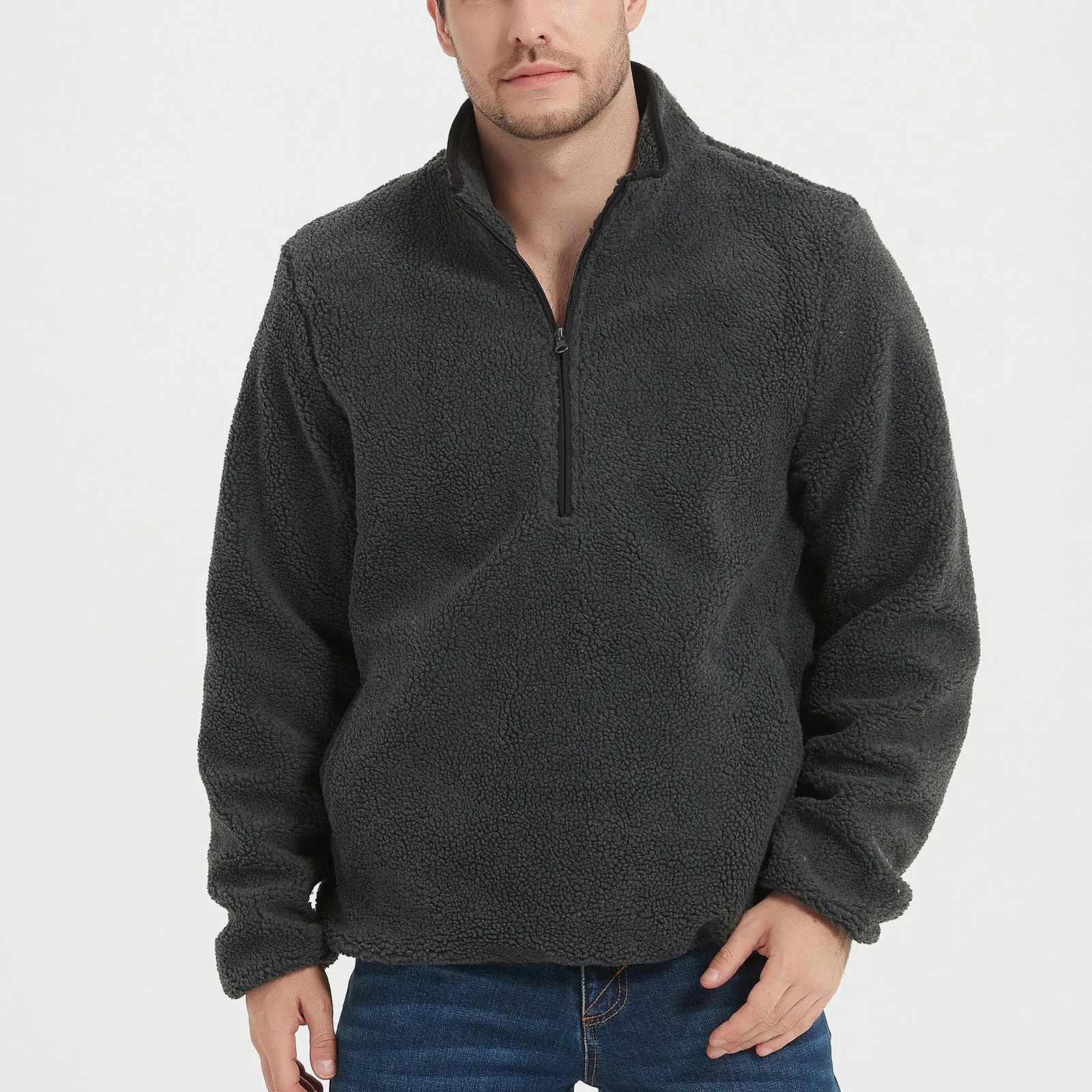

Plush Zipper Stand-Collar Sweatshirt Fleece Winter Warm Pullovers Solid Color Baggy Basic Jumper Top Leisure Ins Black Sudaderas