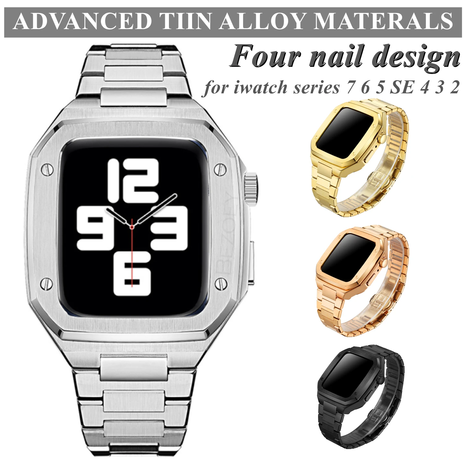 

Stainless Steel Strap Case for Apple Watch Band Modification 45mm 44mm 41mm Metal Mod Kit Set for IWatch Series 7 6 SE 5 4 3 2 1