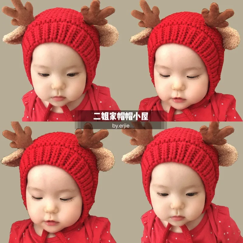 

Cute Deer Elk Antlers Baby Hat Winter Warm Plush Knitted Wool Ear Warmer Children Hat Boys Girls Beanie Christmas Hats 1-4 years