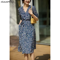 elegant floral v neck dresses for womens 2022 summer new temperament mid sleeve lace up waist slim lady office mid length dress