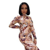 spring long sleeve tie dye printed stand collar pleated mid casual dresses for women clothes vestidos mujer midi elegante dress