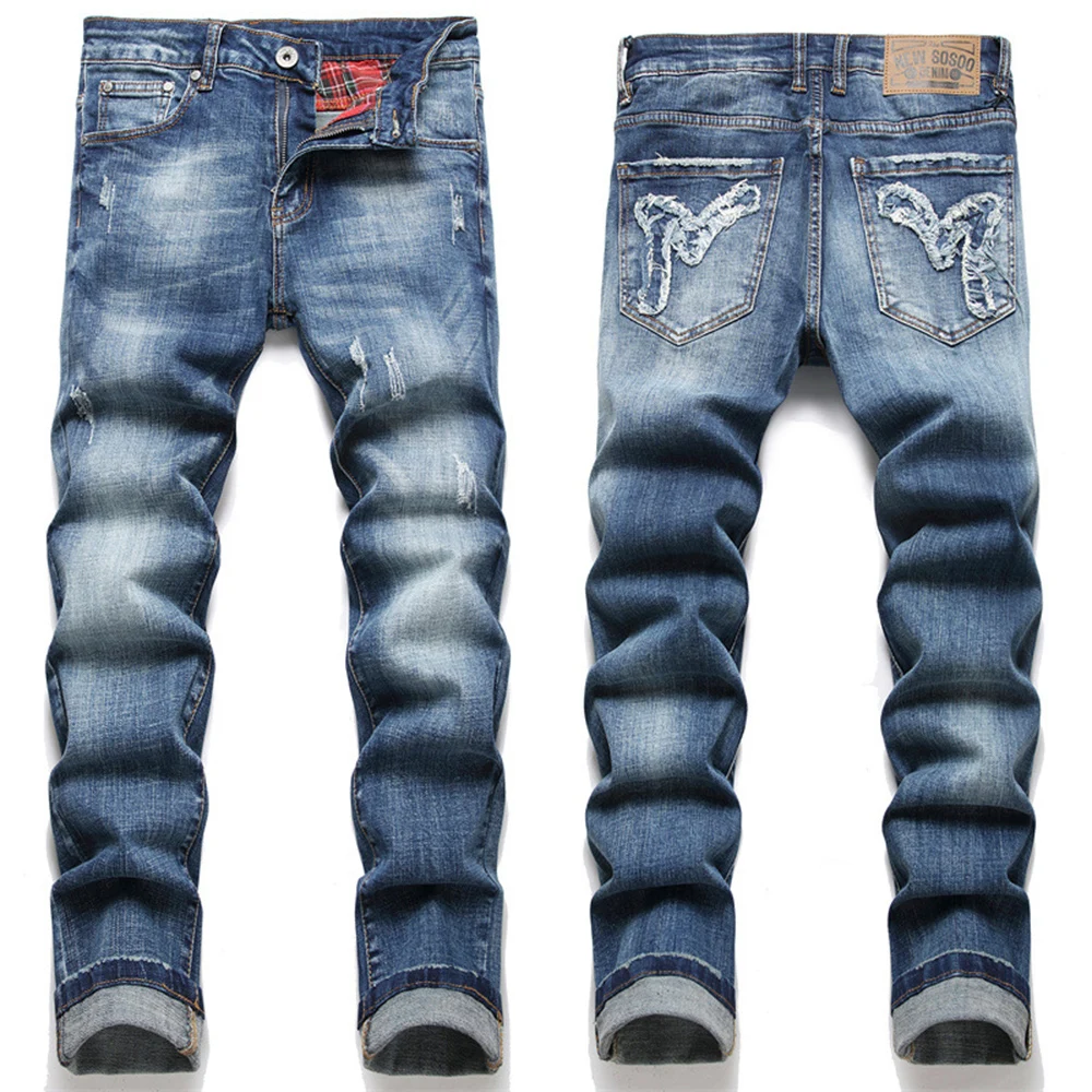 

Мужские джинсы FSSMER, синие прямые джинсы, повседневные облегающие джинсовые брюки, Стрейчевые длинные брюки