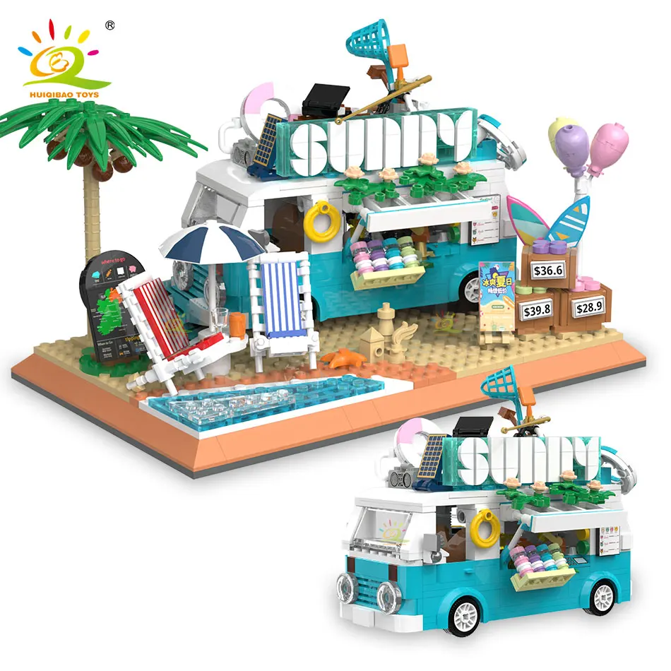 

HUIQIBAO 836 шт Мини Летнее мороженое обеденный автомобиль микро модель строительные блоки город DIY пляж курортный магазин Кирпичи игрушки для детей