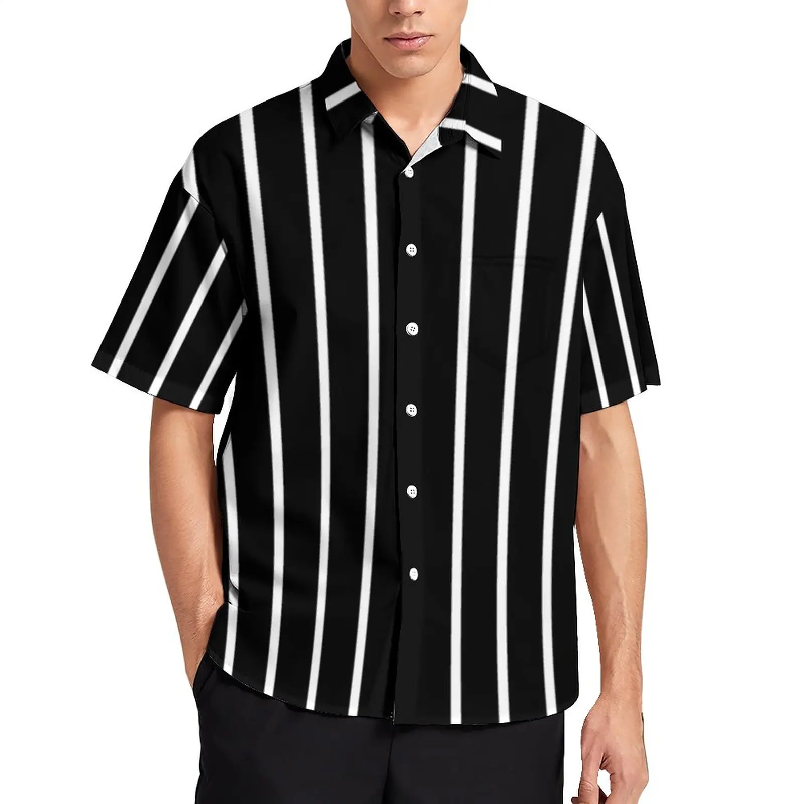 

Vertical Striped Loose Shirt Man Vacation Black And White Lines Casual Shirts Hawaiian Short Sleeve Aesthetic Oversized Blouses