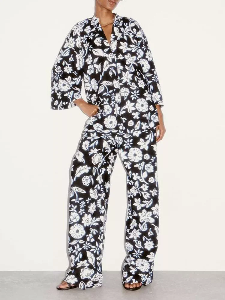 

Женский винтажный костюм с длинным рукавом, блузка с V-образным вырезом и принтом, прямые повседневные женские брюки с высокой талией, весна ...