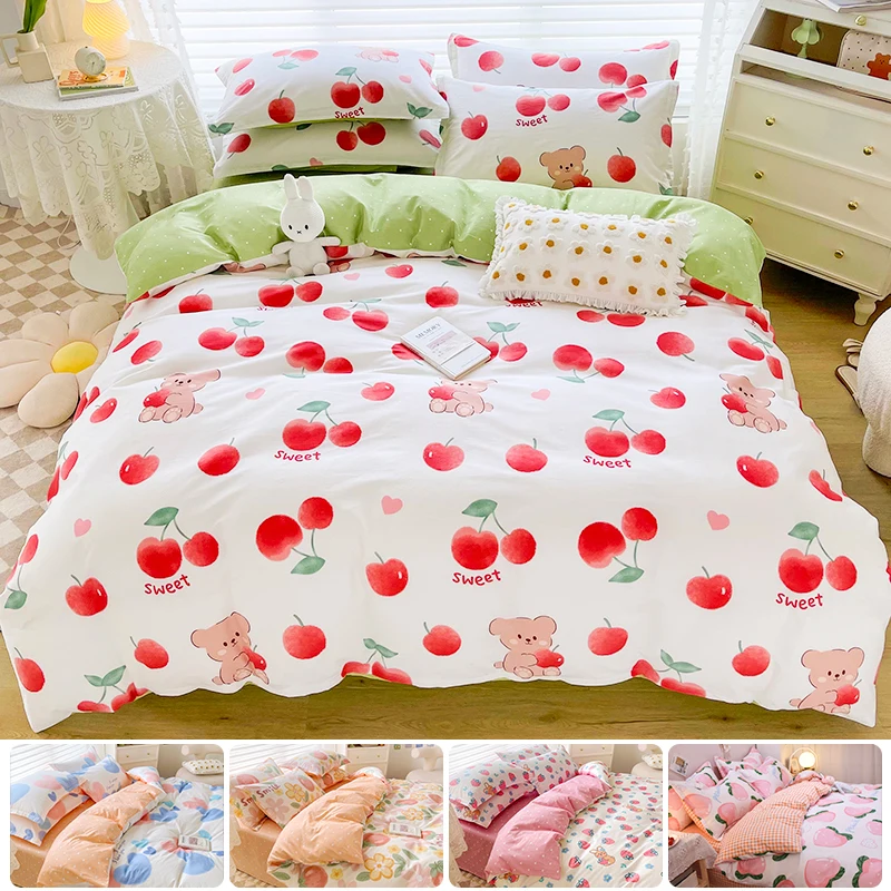 Cute Beautiful 100% Cotton Bedding Set: 1 Duvet Cover 2 Pillowcases 1 Fitted Sheet, Soft Breathable for Single or Couple Bed