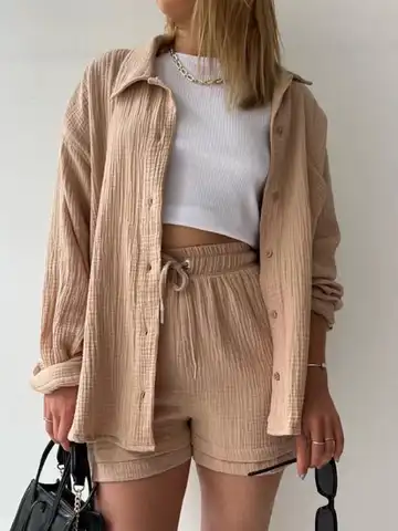 2023 New Summer Fashion Chic Pleated Lapel Shirts Sets Women Long Sleeve Blouses With High Waist Shorts Sets Loose Casual Suits