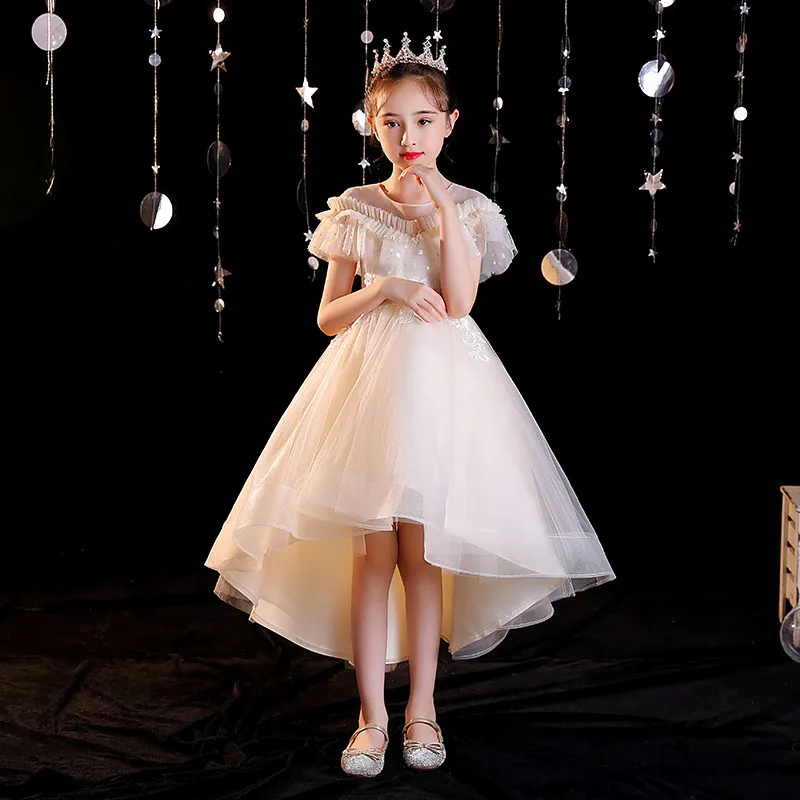 

Champagne Elegant Ruffles Short Sleeves Sequins Embroidery High-Low Kids Party Communion Dresses Girl Dresses For Weddings A2272