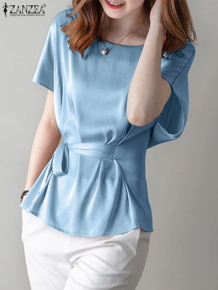 

ZANZEA Women Short Sleeve Summer Blusas Fashion Satin Blouses Casual Elegant Tied Waist Round Neck Tops Leisure Blue Shirts