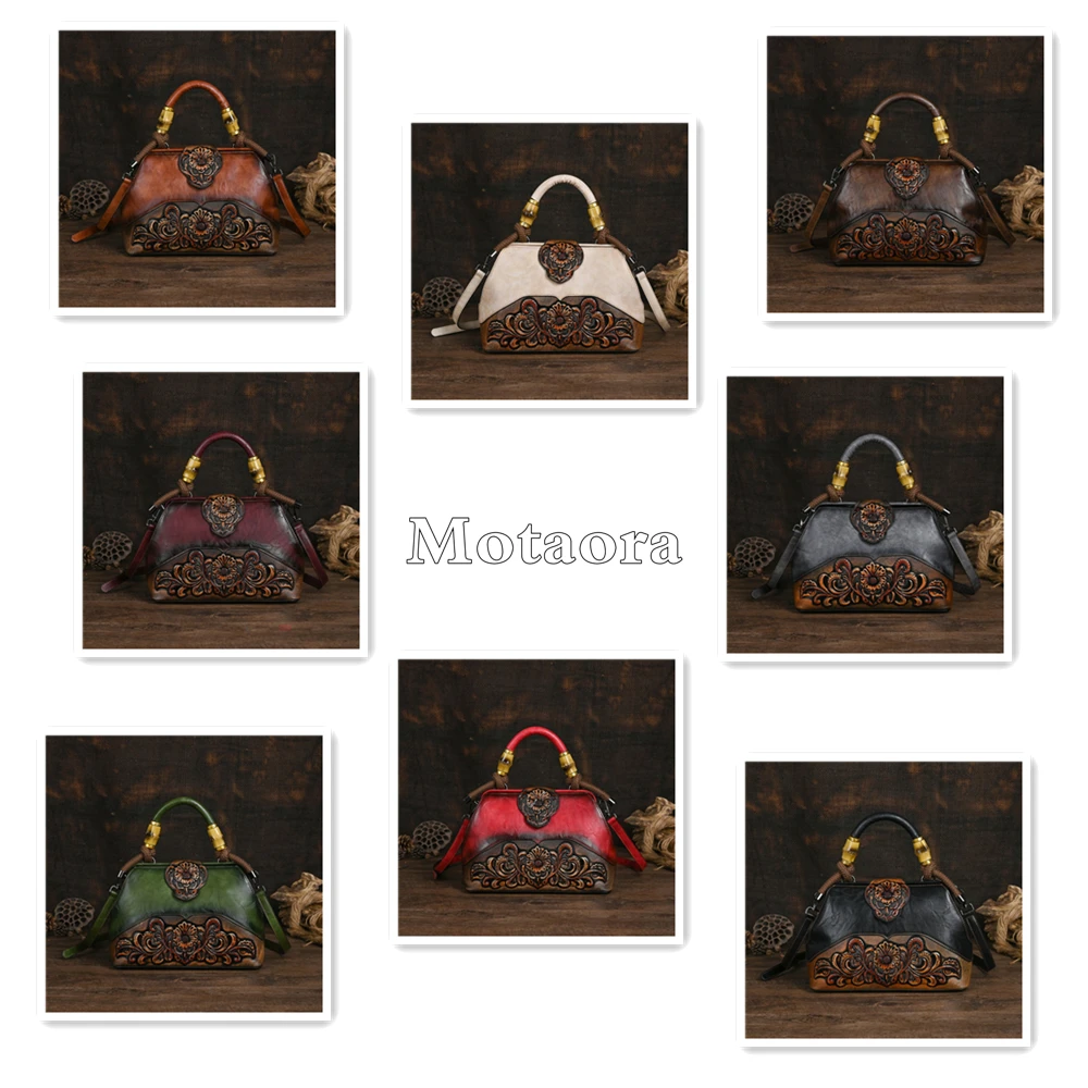 Motaora Vintage New Designer Luxury Bags For Women Leather Handbag Women's Bag 2023 Trend Handmade Carved Ladies Shoulder Bags