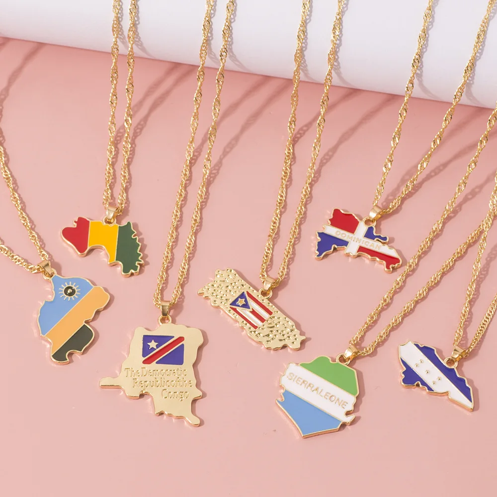 

New Country Map Flag Necklace for Woman Man Liberia Haiti Jamaica Ghana Guinea Nigeria Alloy Pendant Chain Fashion Jewelry 2022