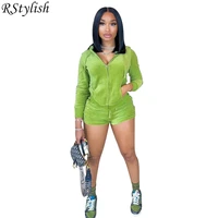 rstylish velvet tracksuit 2022 autumn outfits women casual zipper long sleeve pockets hooded coat top shorts slim two piece set