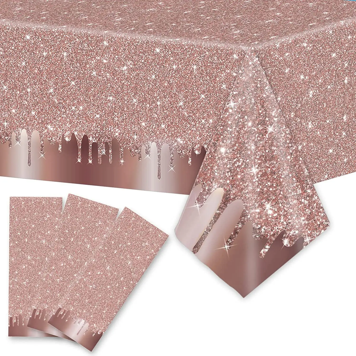 Pink Rose Gold Tablecloths 108x54 Inch Rose Golden Birthday Party Decoration Rose Gold Sequin Printed Plastic Table Cover
