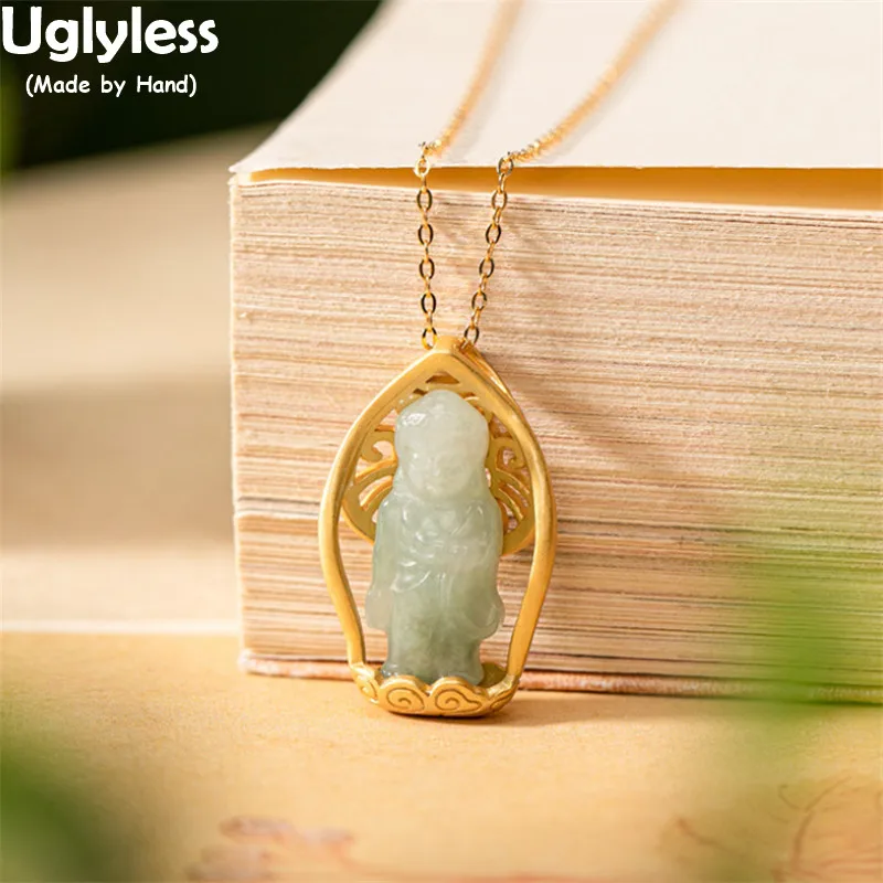 

Uglyless 100% Real Emerald Necklaces for Women Lovely Baby Buddha Pendants + Chain 925 Silver Religious Buddhistic Gifts Jewelry