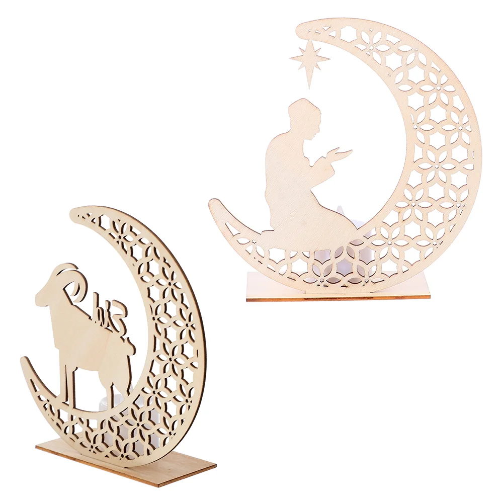 

2Sets Ramadan Night Lights Wood Tabletop Ornaments Ramadan Eid DIY Wooden Crafts