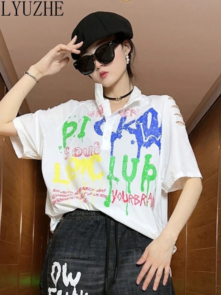 

LYUZHE White Letter Top Fashion Casual 2023 Summer New Short Sleeved T-shirt Women ZXF233A