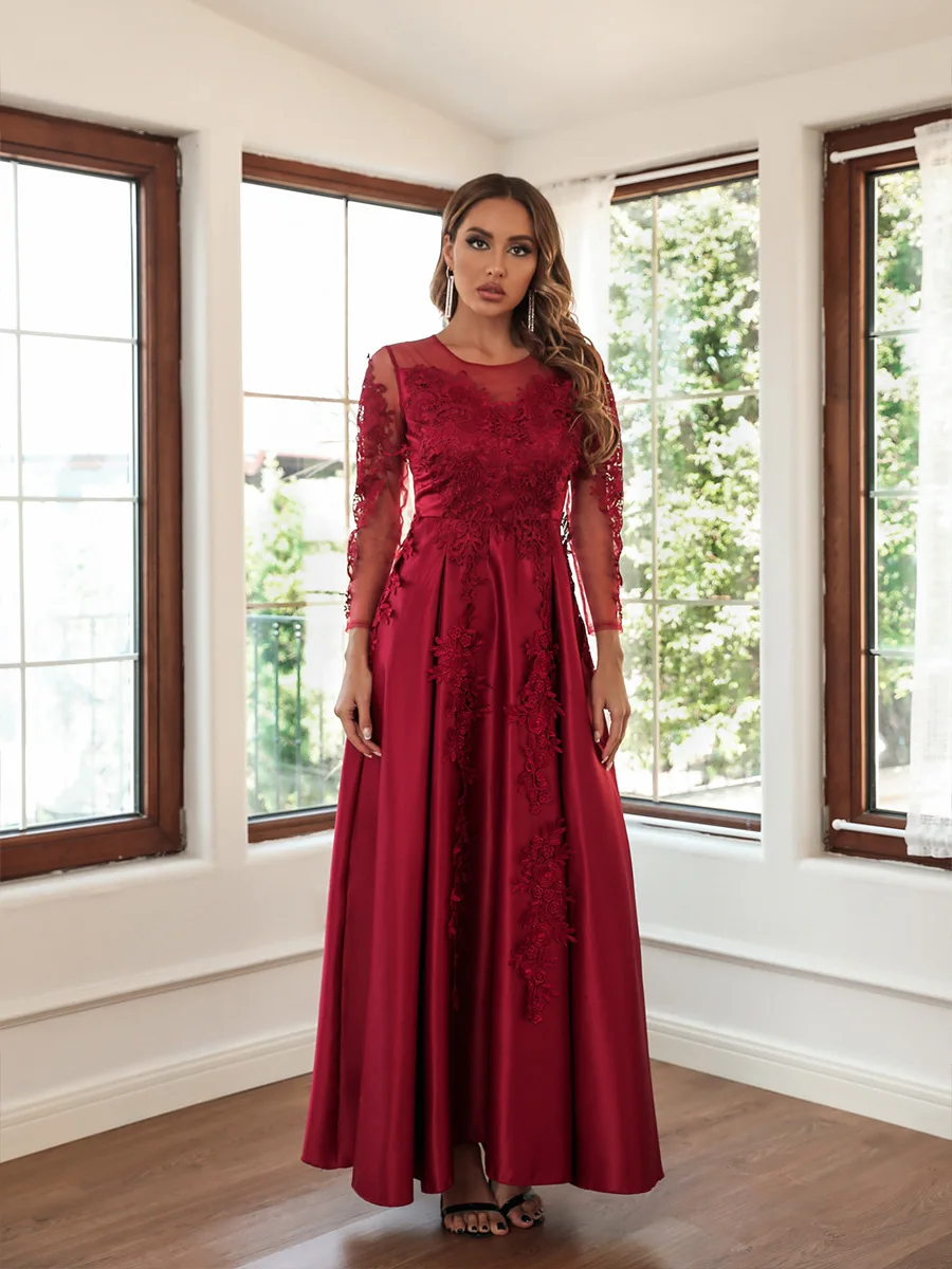 Luxury Evening Dress Long Sleeves A-Line O-Neck High Waist Ankle-Length Gown 2022 Ever Pretty of Gorgeous Prom Party Women Dress